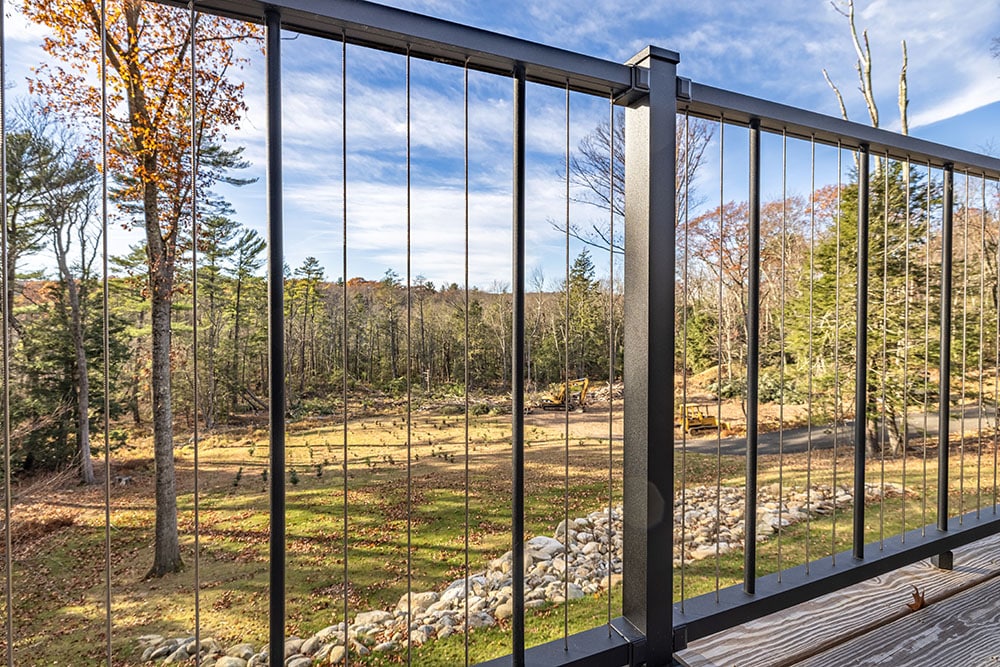 wooden awning and dark siding