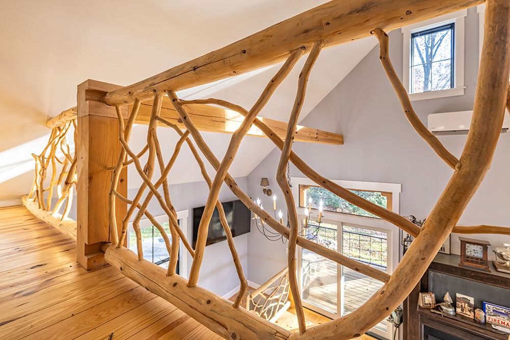 Cabin interior with custom wooden fence