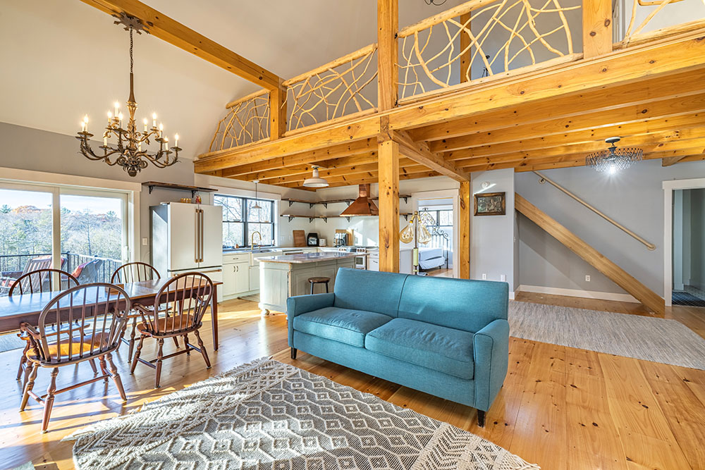 Cabin interior with custom wooden fence